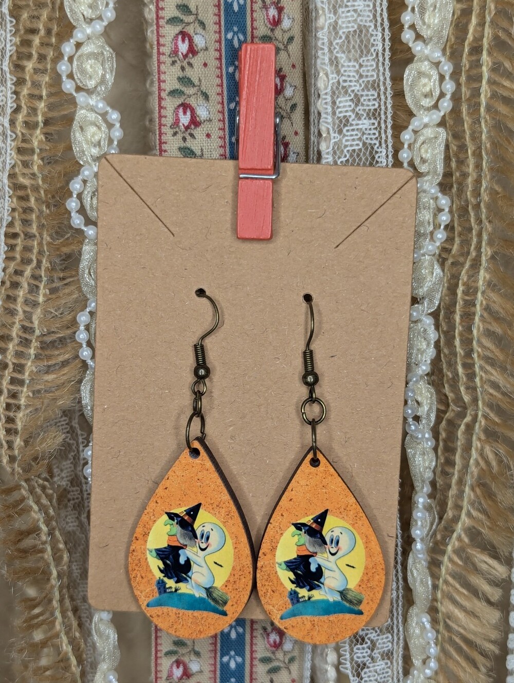 Halloween Ghost & Witch Teardrop Wood Earrings - Orange